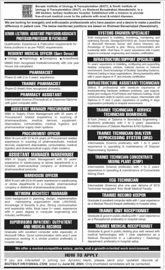 Careers At Benazir Institute Of Urology And Transplantation (Biut) 2024