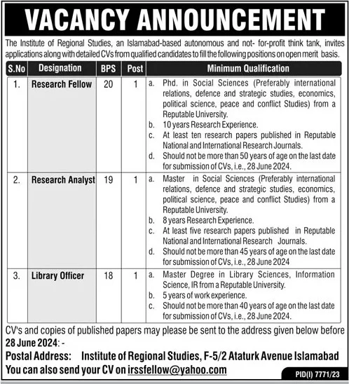 Latest Institute Of Regional Studies Irs Islamabad Jobs 2024, Institute Of Regional Studies Irs Islamabad Jobs 2024, Institute Of Regional Studies, Irs Islamabad, Research Fellow, Research Analyst, Library Officer, Job Opportunities Islamabad, Think Tank Pakistan, Social Sciences Careers, International Relations Jobs, Defense And Strategic Studies, Economics Research, Political Science, Peace And Conflict Studies, Phd Positions Pakistan, Master'S Degree Jobs, Research Publications, Academic Jobs Islamabad, Regional Studies, Bps 20 Jobs, Bps 19 Jobs, Bps 18 Jobs, Career Development, Policy Research, Islamabad Jobs, Autonomous Think Tank, Not-For-Profit Research, Ataturk Avenue, Job Application, Irs Careers, Research Jobs Pakistan, Social Sciences Research, Islamabad Careers, Policy Analysis, Geopolitical Research, Economic Research, Social Science Scholars, Library Science Careers, Information Science Jobs, Research Experience, Competitive Salaries, Professional Growth, Intellectual Environment, Islamabad Research Institutes, South Asia Studies, Irs Mission, Research Vacancies, Think Tank Careers, Academic Research Jobs, Social Science Jobs, Irs Employment, Islamabad Employment Opportunities, Policy Impact Research, Regional Analysis, Research Fellow Careers, Research Analyst Careers, Library Officer Careers.