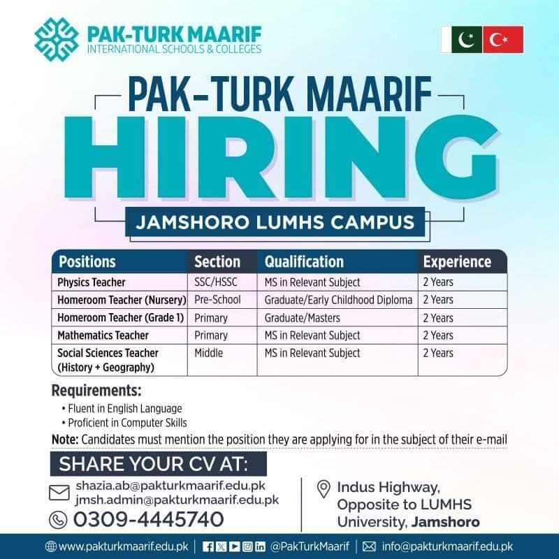 Pak-Turk Maarif Schools &Amp; Colleges Jobs At Lums, Pak-Turk Maarif International Schools &Amp; Colleges Jobs At Lums, Pak-Turk Maarif International Schools &Amp; Colleges, Pak-Turk Maarif, Job Opportunities, Jamshoro Lumhs Campus, Accountant Position, Homeroom Teacher, Pre-School Section, Subject Teacher, Junior Section, Mba Finance, Acca, Icma, Advanced Ms Excel Skills, Accountancy Skills, Foxpro Software, Sap, Early Childhood Diploma, Montessori Diploma, Teaching Experience, Fluent In English, Computer Skills, Application Deadline, Professional Development, Educational Excellence, Cultural Diversity, Bilingual Education, Holistic Learning, Intellectual Growth, Financial Planning, Classroom Instruction, Educational Resources, Student Development, Teacher Training, Career Opportunities, Indus Highway, Lumhs University, Apply For Teaching Positions, Quality Education, Academic Curriculum, Extracurricular Activities, Holistic Approach, Pre-School Education, Junior Section Education, Graduate Degree, Master'S Degree, Nurturing Learning Environment, Lesson Plans, Classroom Activities, Cognitive Development, Social Development, Innovative Teaching Methods, Financial Stability, Strategic Planning, Collaboration, Inclusive Environment, Cultural Exchange, Bilingual Curriculum, Educational Philosophy, Pakistan-Turkey Collaboration, Bilingual Teachers, Educational Standards, Professional Growth, Educational Landscape In Pakistan, Teaching Job Openings, Financial Analysis, Budgeting, Financial Statements, Job Application Process, Educational Mission, Shaping Future Leaders, Comprehensive Education, Career In Education, Educational Sector Jobs.
