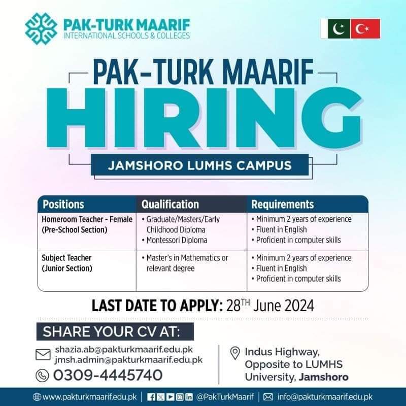 Pak-Turk Maarif Schools &Amp; Colleges Jobs At Lums, Pak-Turk Maarif International Schools &Amp; Colleges Jobs At Lums, Pak-Turk Maarif International Schools &Amp; Colleges, Pak-Turk Maarif, Job Opportunities, Jamshoro Lumhs Campus, Accountant Position, Homeroom Teacher, Pre-School Section, Subject Teacher, Junior Section, Mba Finance, Acca, Icma, Advanced Ms Excel Skills, Accountancy Skills, Foxpro Software, Sap, Early Childhood Diploma, Montessori Diploma, Teaching Experience, Fluent In English, Computer Skills, Application Deadline, Professional Development, Educational Excellence, Cultural Diversity, Bilingual Education, Holistic Learning, Intellectual Growth, Financial Planning, Classroom Instruction, Educational Resources, Student Development, Teacher Training, Career Opportunities, Indus Highway, Lumhs University, Apply For Teaching Positions, Quality Education, Academic Curriculum, Extracurricular Activities, Holistic Approach, Pre-School Education, Junior Section Education, Graduate Degree, Master'S Degree, Nurturing Learning Environment, Lesson Plans, Classroom Activities, Cognitive Development, Social Development, Innovative Teaching Methods, Financial Stability, Strategic Planning, Collaboration, Inclusive Environment, Cultural Exchange, Bilingual Curriculum, Educational Philosophy, Pakistan-Turkey Collaboration, Bilingual Teachers, Educational Standards, Professional Growth, Educational Landscape In Pakistan, Teaching Job Openings, Financial Analysis, Budgeting, Financial Statements, Job Application Process, Educational Mission, Shaping Future Leaders, Comprehensive Education, Career In Education, Educational Sector Jobs.