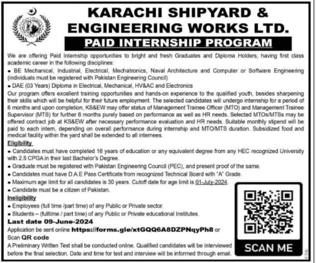 Karachi Shipyard And Engineering Works Ltd. Paid Internship Program 2024