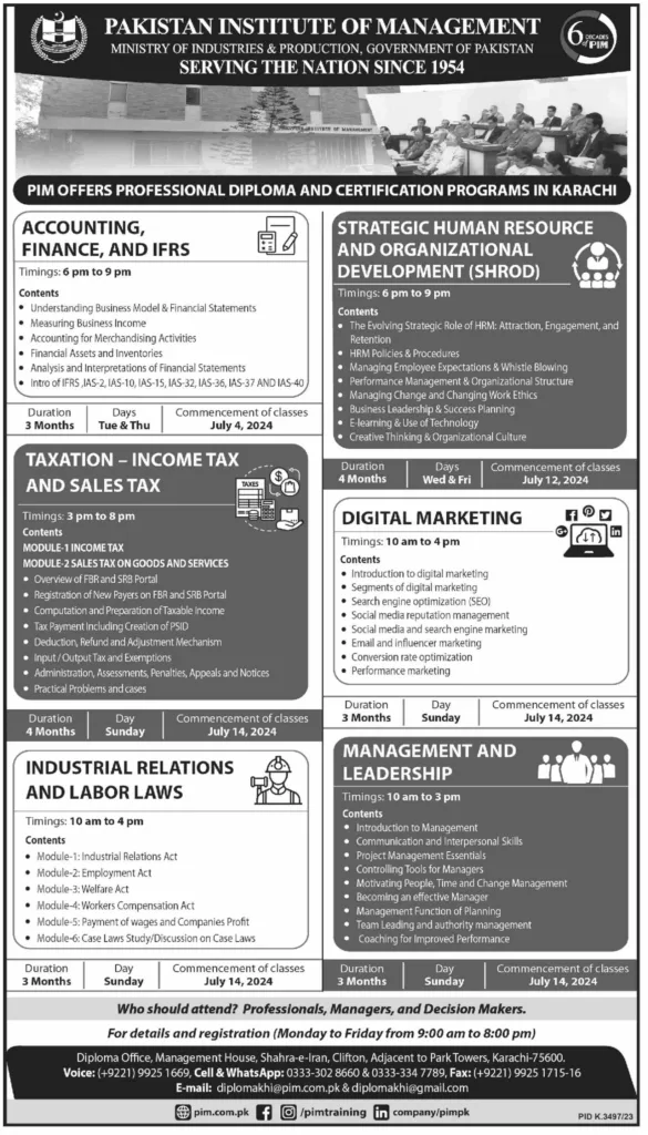Pakistan Institute Of Management(Pim) Careers 2024 