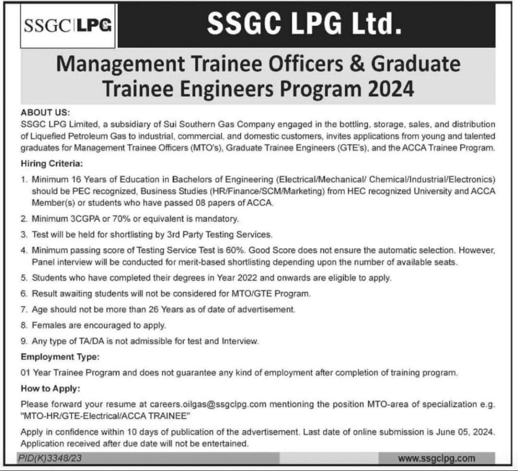 Ssgc Lpg Ltd. Management Trainee Officers &Amp; Graduate Trainee Engineers Program 2024