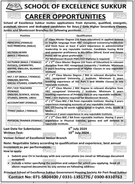 Career Opportunities At School Of Excellence Sukkur, School Of Excellence Sukkur, Career Opportunities, Principal Job Sukkur, Vice Principal Vacancy, Section Heads Positions, Lecturer Jobs Sukkur, Hst / Jst Teacher Roles, Pst / Ece Teachers Openings, Accountant Position, Typist Job Vacancy, Physical Trainer Job Sukkur, Educational Institution Jobs, Higher Secondary Classes Jobs, Junior Branch Jobs, Montessori Branch Vacancies, Leadership Roles In Education, Administrative Roles In School, Master’s Degree In Applied Science, English Language Degree Jobs, 