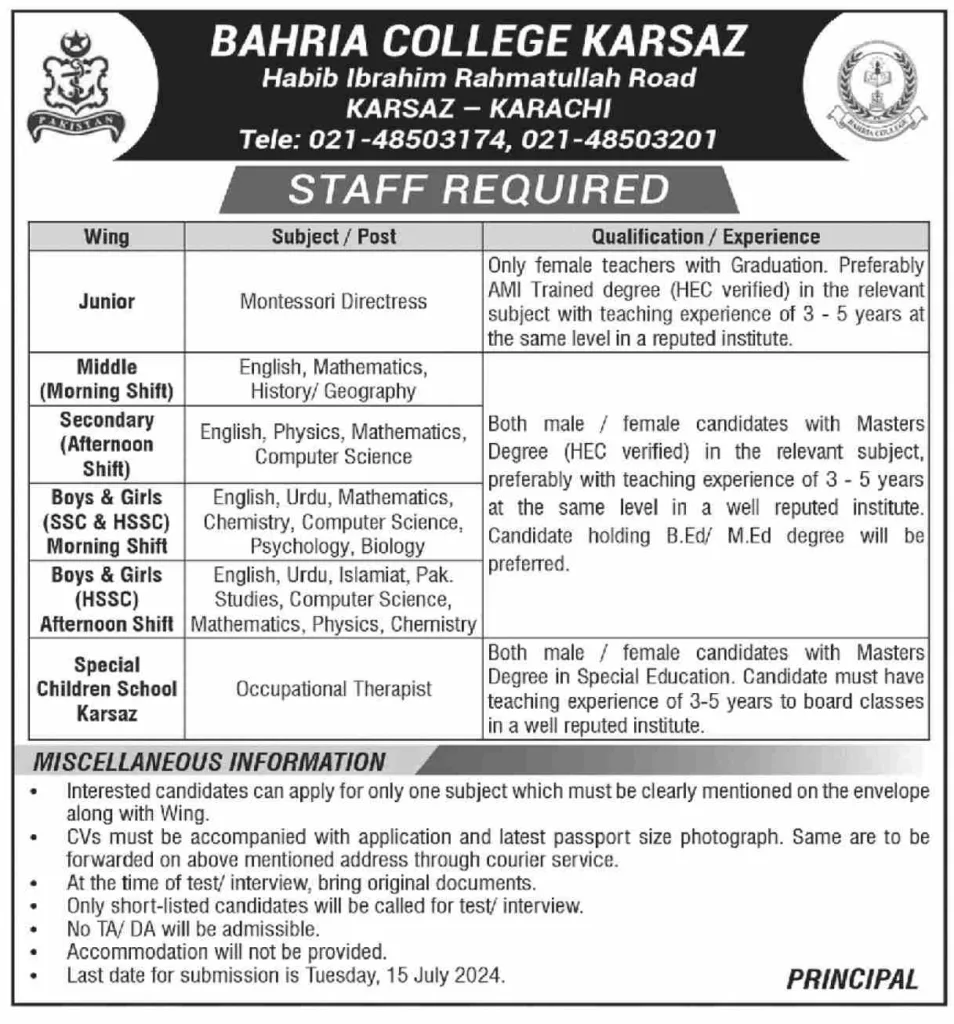 Bahria College Karsaz Karachi Jobs 2024