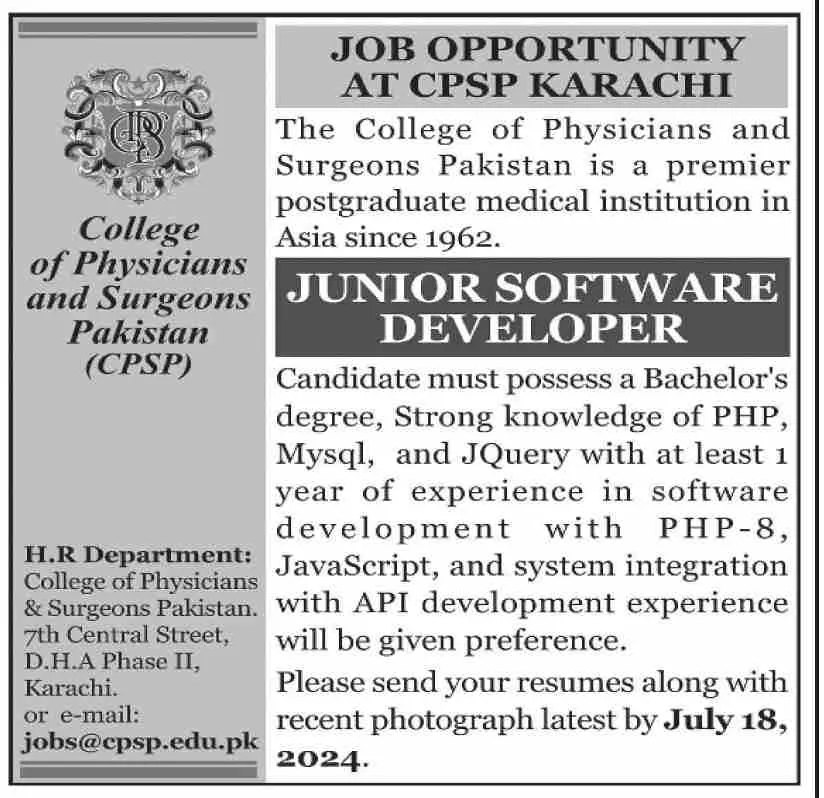 Cpsp Karachi For Junior Software Developer Career Opportunity