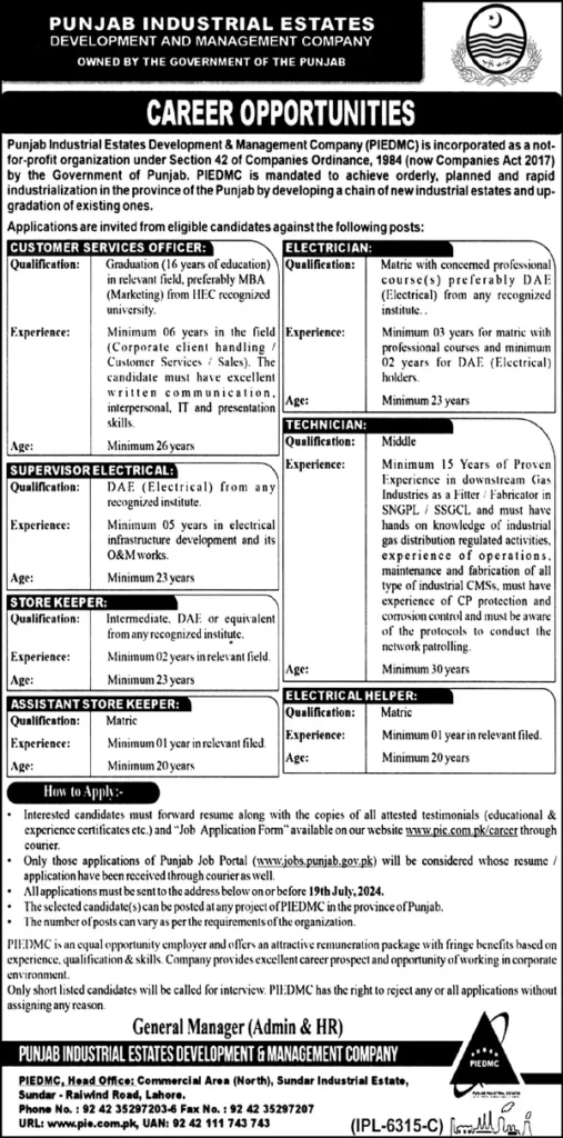Career Opportunities At Punjab Industrial Estates Development And Management Company (Piedmc)