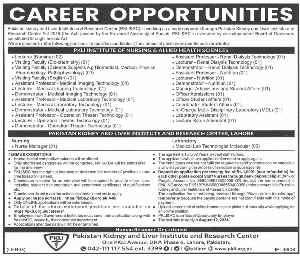 Pakistan Kidney And Liver Institute And Research Center Jobs 2024