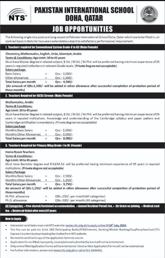 Pakistan International School Doha, Qatar Jobs