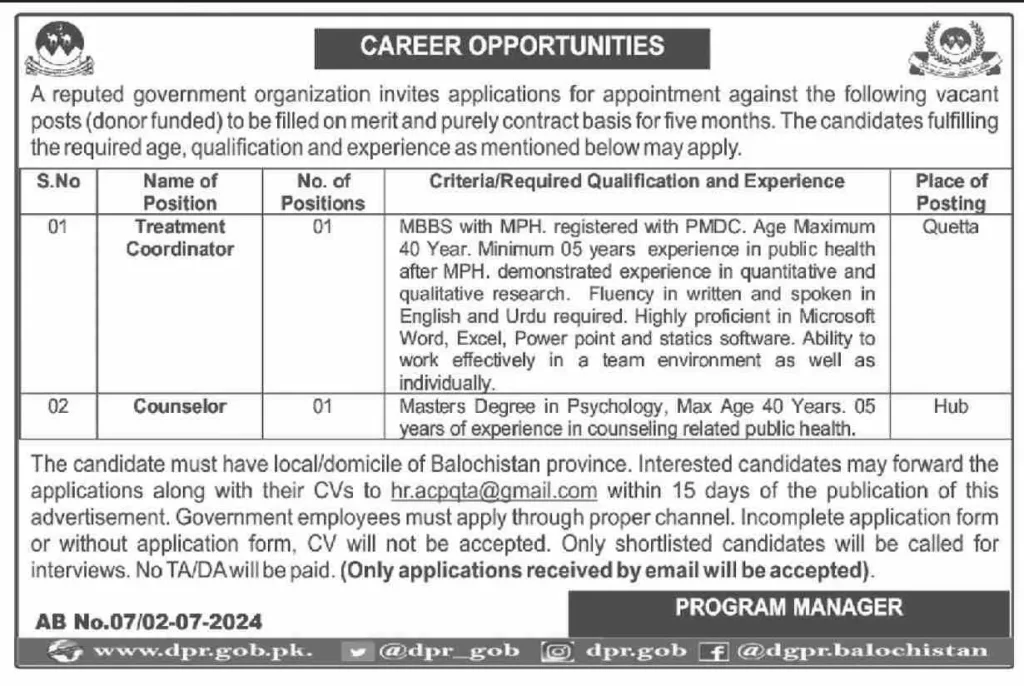Career Opportunities At Donor-Funded Project Quetta