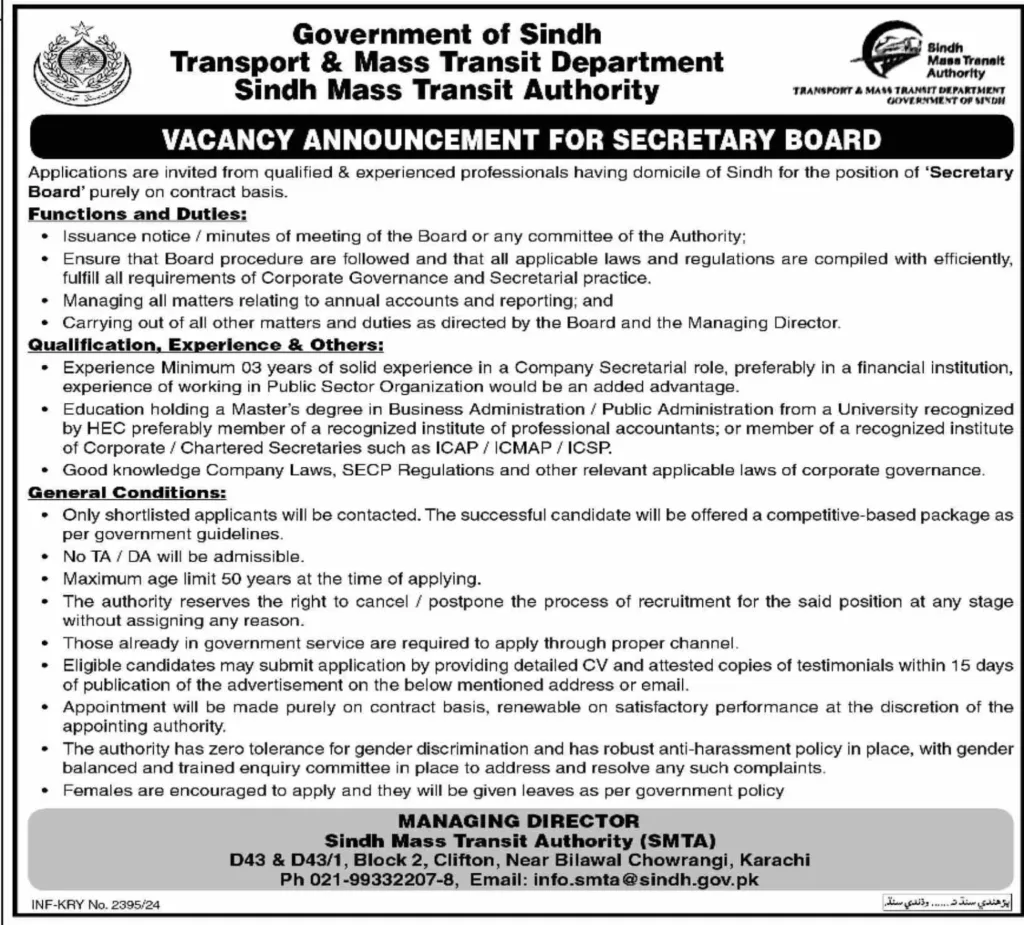 Sindh Mass Transit Authority Jobs 2024