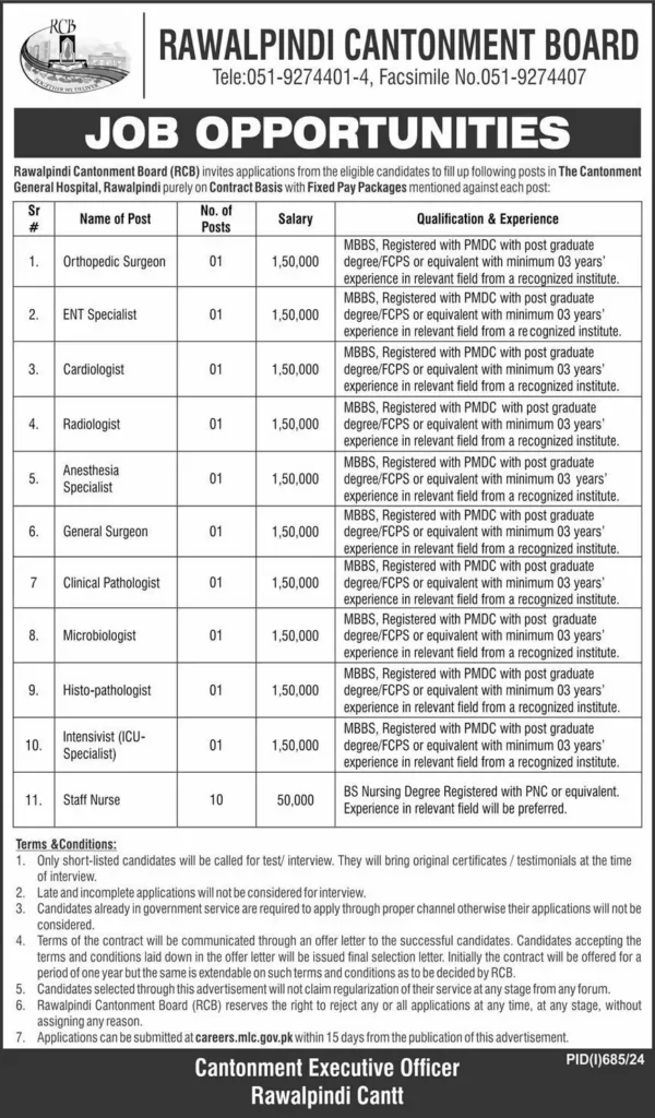 Rcb Jobs Rawalpindi Cantonment Board 2024